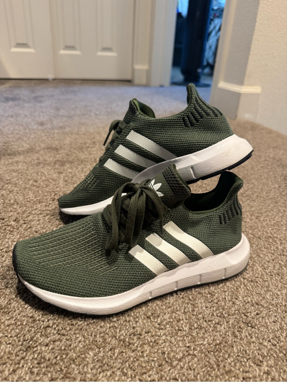 adidas Green Knit Lace-Up Sneakers with White Stripes 7.5